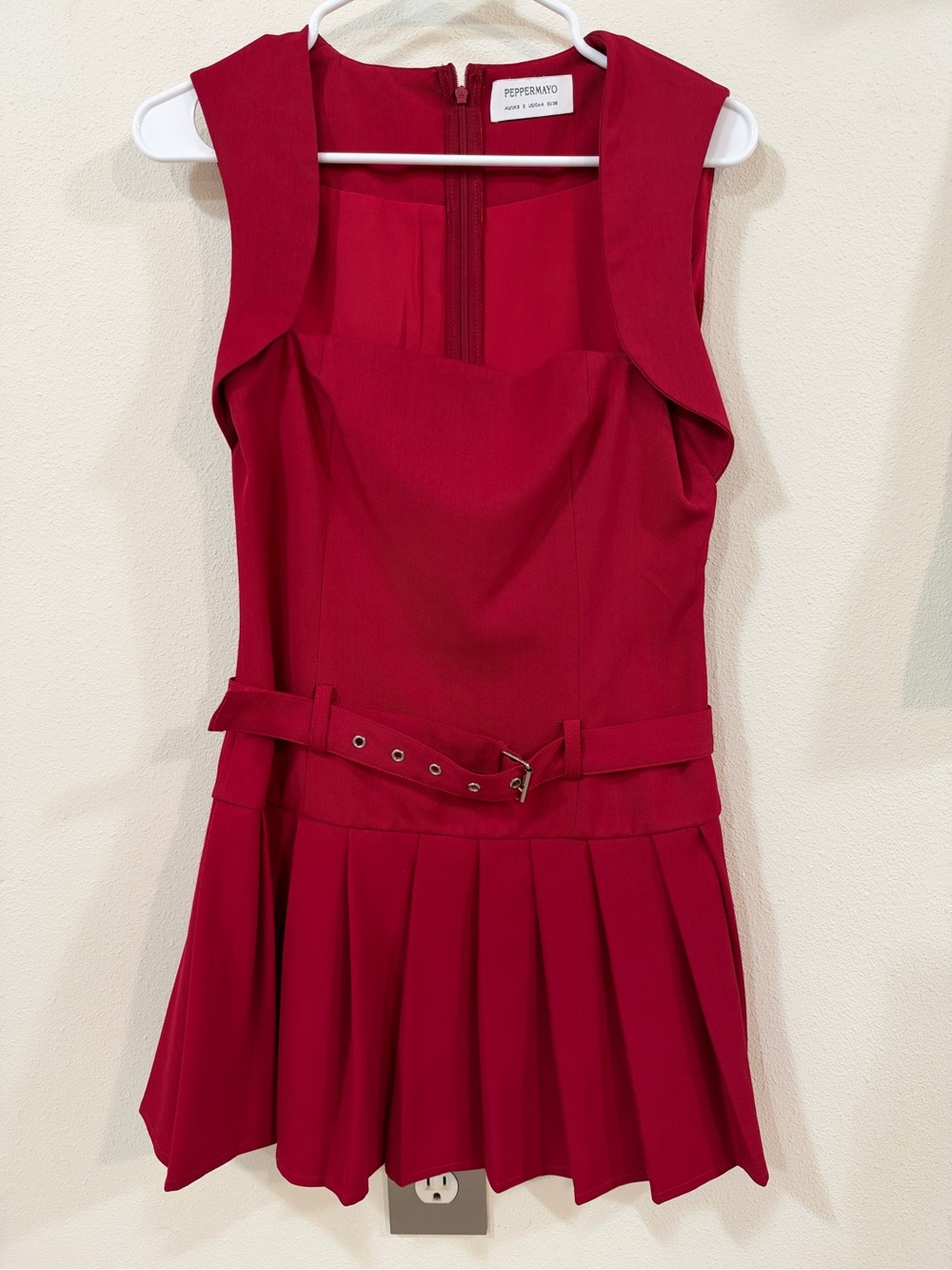 Peppermayo Red Sleeveless Pleated Belted Dress